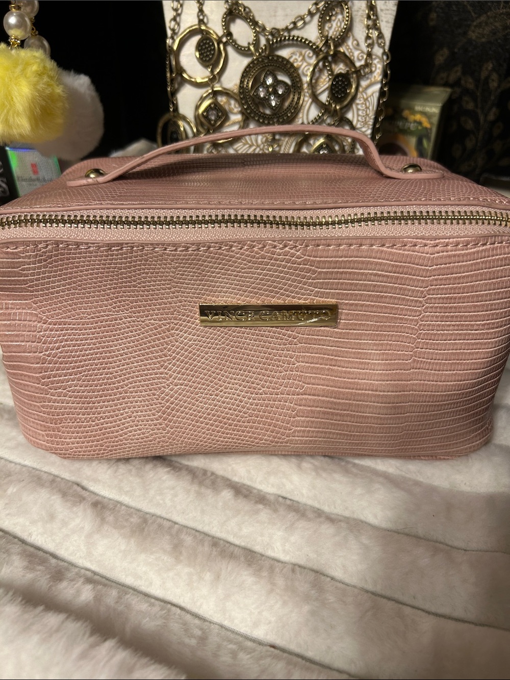 Vince Camuto Textured Blush Pink Cosmetic Case with Gold Hardware